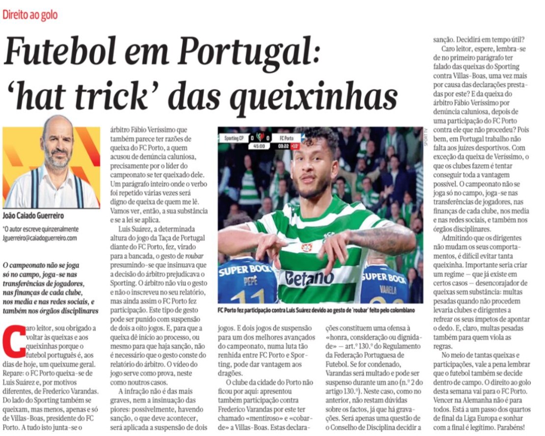 Futebol em Portugal: ‘hat trick’ das queixinhas | Caiado Guerreiro